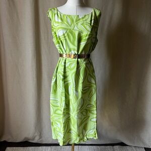 100% Silk Green White‎ Leaf Print Shift Dress w/ Scallop Hem Sz 16 Vintage Style